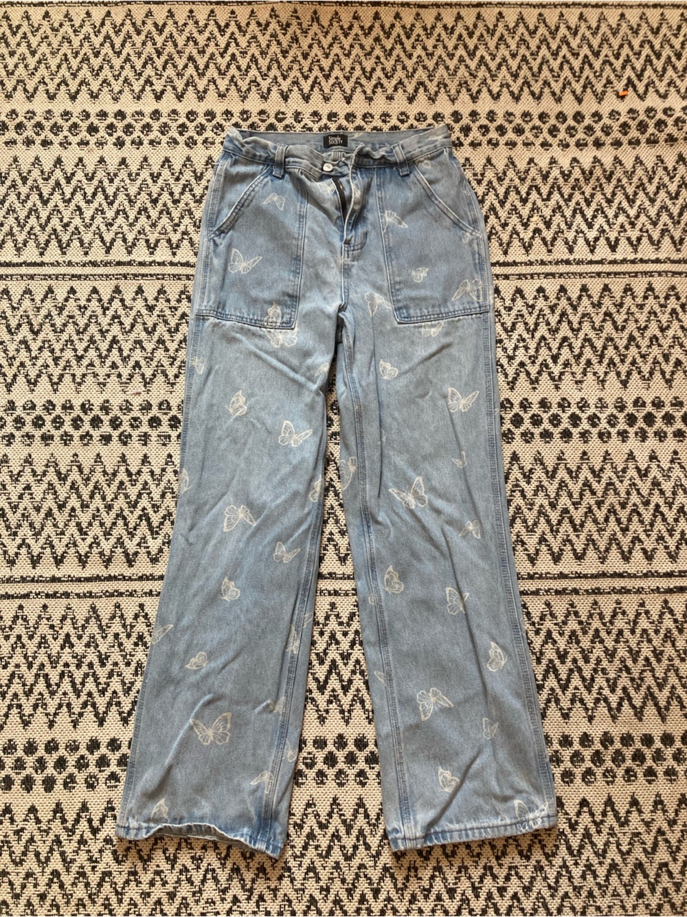Light Wash Butterfly Print Wide Leg Jeans